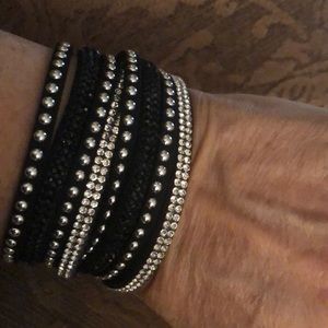 Wrap around bracelet black, silver beads, crystals